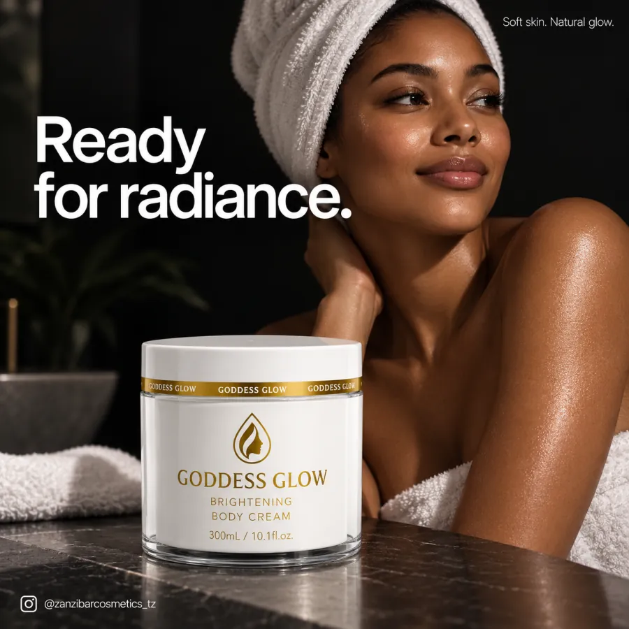 Goddess Glow Brightening Body Cream campaign — 'Ready for radiance.' Soft skin, natural glow.