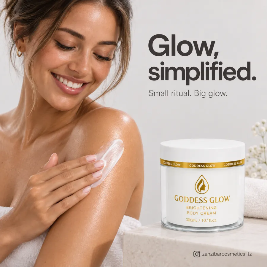 Goddess Glow Brightening Body Cream campaign — 'Glow, simplified.' A small ritual for a big glow.